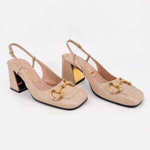 Gucci Baby Horsebit Beige Leather Slingback Block Heel Pumps Size 37.5 US 7.5